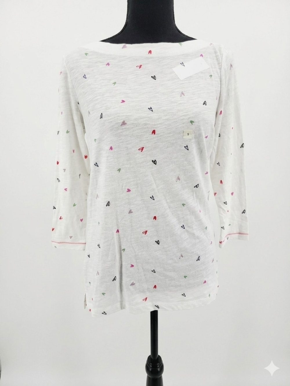 LOFT White Long-Sleeve Top with Multicolor Heart Print